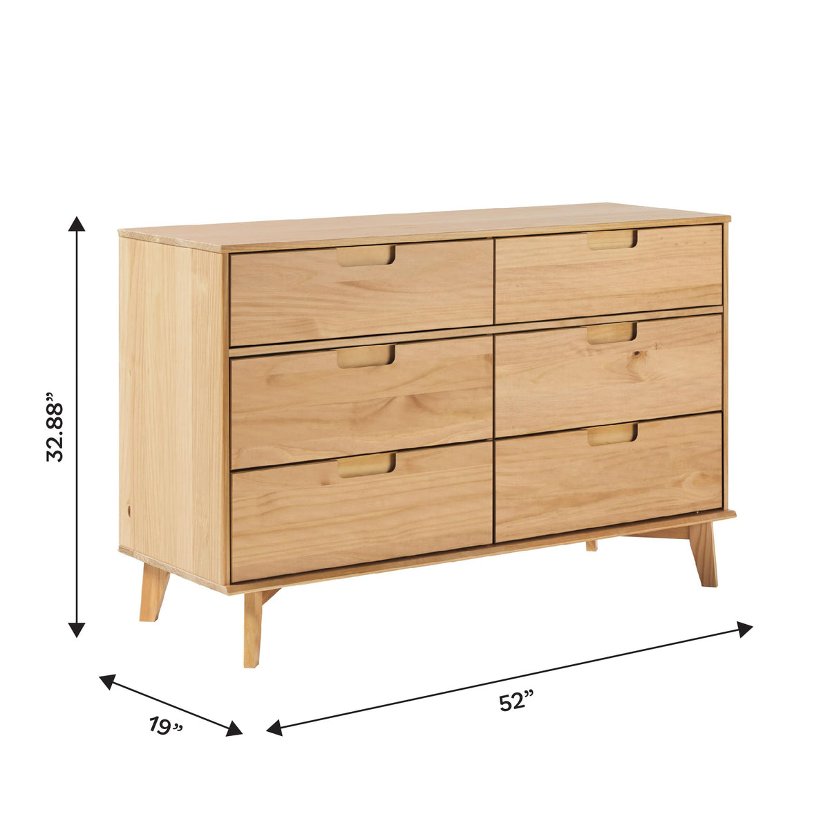 Walker Edison Mid-Century Modern Grooved Handle Wood 6-Drawer Dresser, 52 Inch, Natural Pine Walker Edision