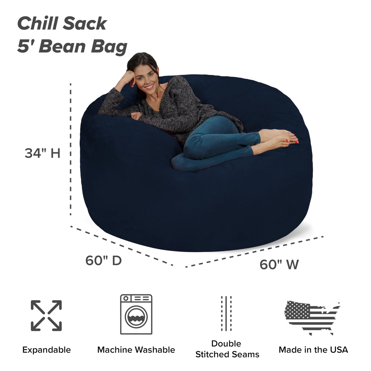 Chill Sack Bean Bag Chair - 5' Giant Memory Foam Lounge Chair with Soft Microfiber Cover – Cozy Furniture for Living Room, Dorm, & Kids' Rooms – Comfortable 5 Ft, Microsuede Lounge Sofa, Navy Chill Sack