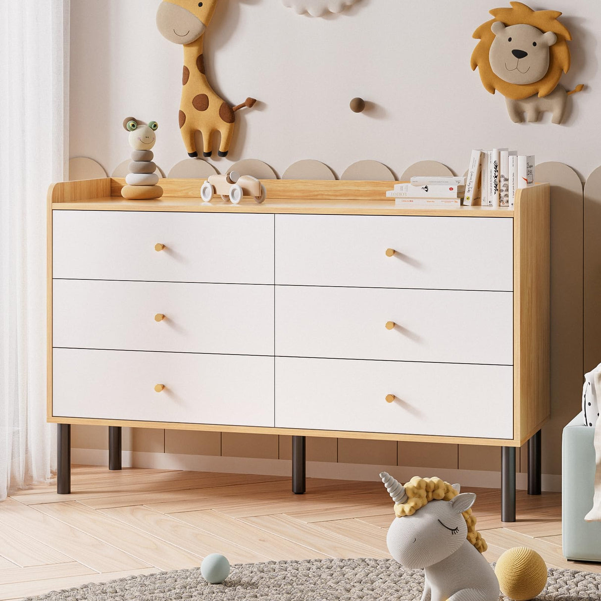 LYNSOM Dresser for Bedroom, 6 Drawer Natural Wood Dresser with Wide Drawer and Metal Handles, Modern Dressers & Chests of Drawers for Hallway Entryway LYNSOM