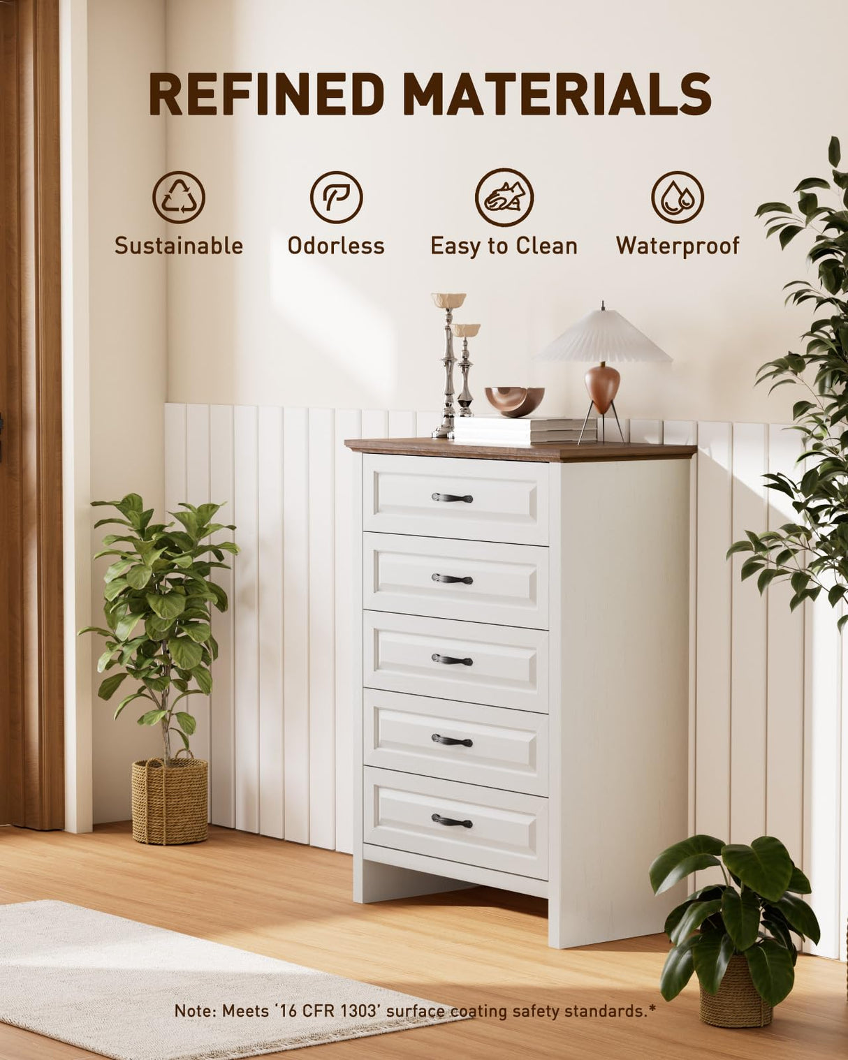 Amada 5 Drawer Dresser for Bedroom with Wood Drawers, Supports up to 22 lbs per Drawer, Anti-Tip Design for Safety, 5 Farmhouse Dresser Drawer Unit for Bedroom, Nursery, Living Room, Brown and White AMADA HOMEFURNISHING