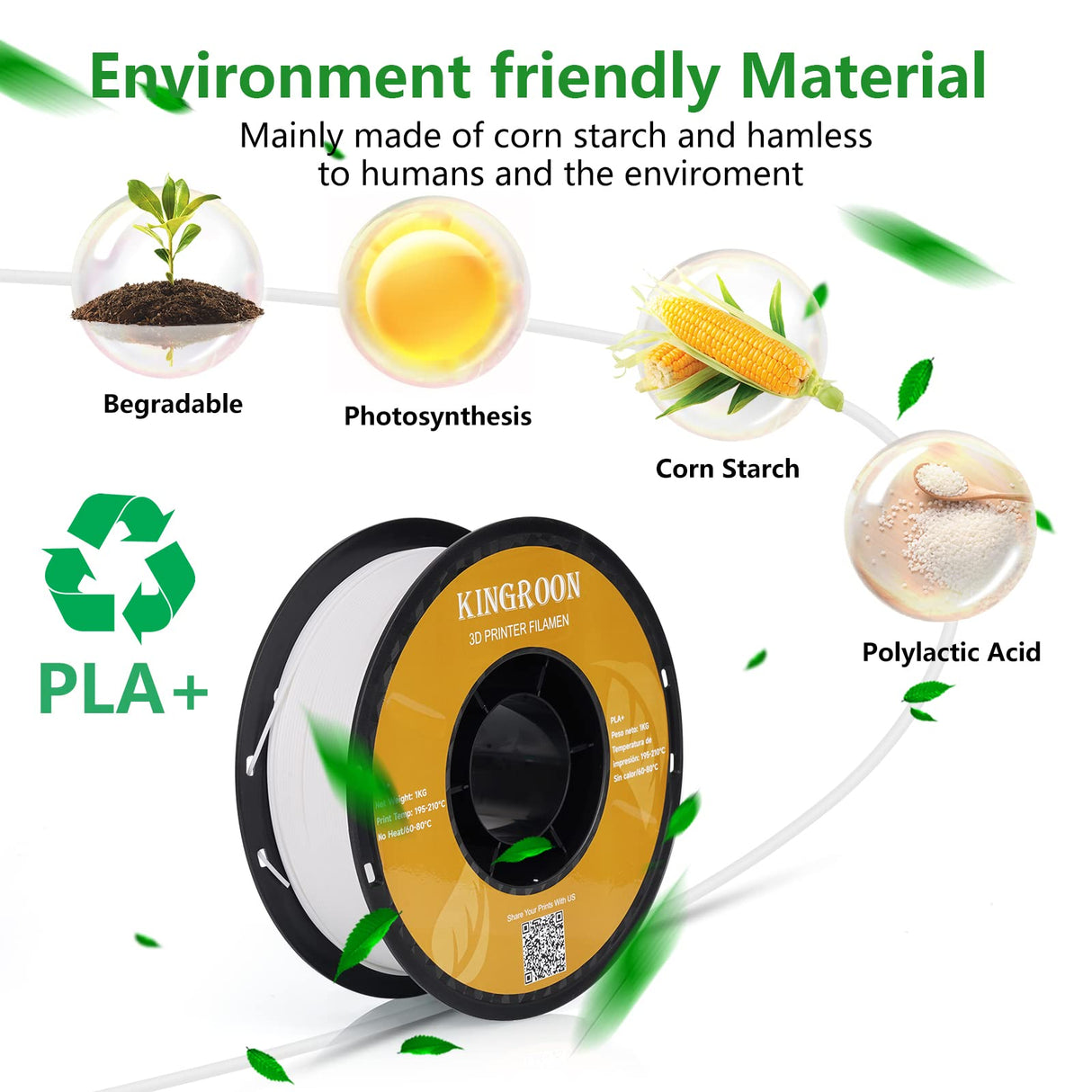 Kingroon PLA Plus(PLA+)3D Printer Filament, 10 Rolls, Dimensional Accuracy +/- 0.03 mm, 10kg Spool(22lbs), 1.75 mm,Black White Grey Red Blue Green Purple Skin Silver Yellow Kingroon