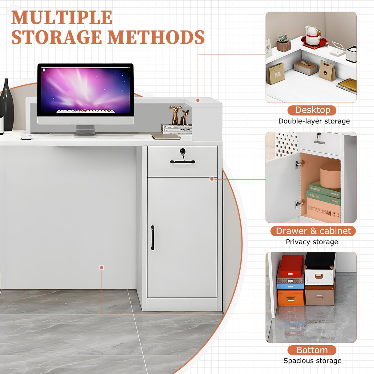 LSZMXI Modern Reception Desk with Drawer & Open Shelves, 39-95 Inch Front Counter Table, Computer Workstation Suitable for Salons, Offices, Lobbies, Retail Stores and Home Offices LSZMXI