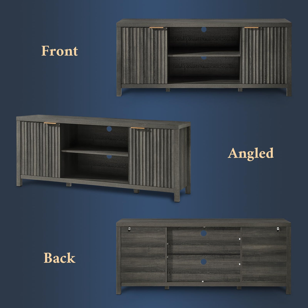 OAKHAM HOME Fluted TV Stands for Living Room, Heavy Duty Entertainment Center with Storage, Mid Century Modern Television Stands for 50/55/60/65 TV, Oxford Media TV Console (Medium,Midnight Oak) OAKHAM HOME