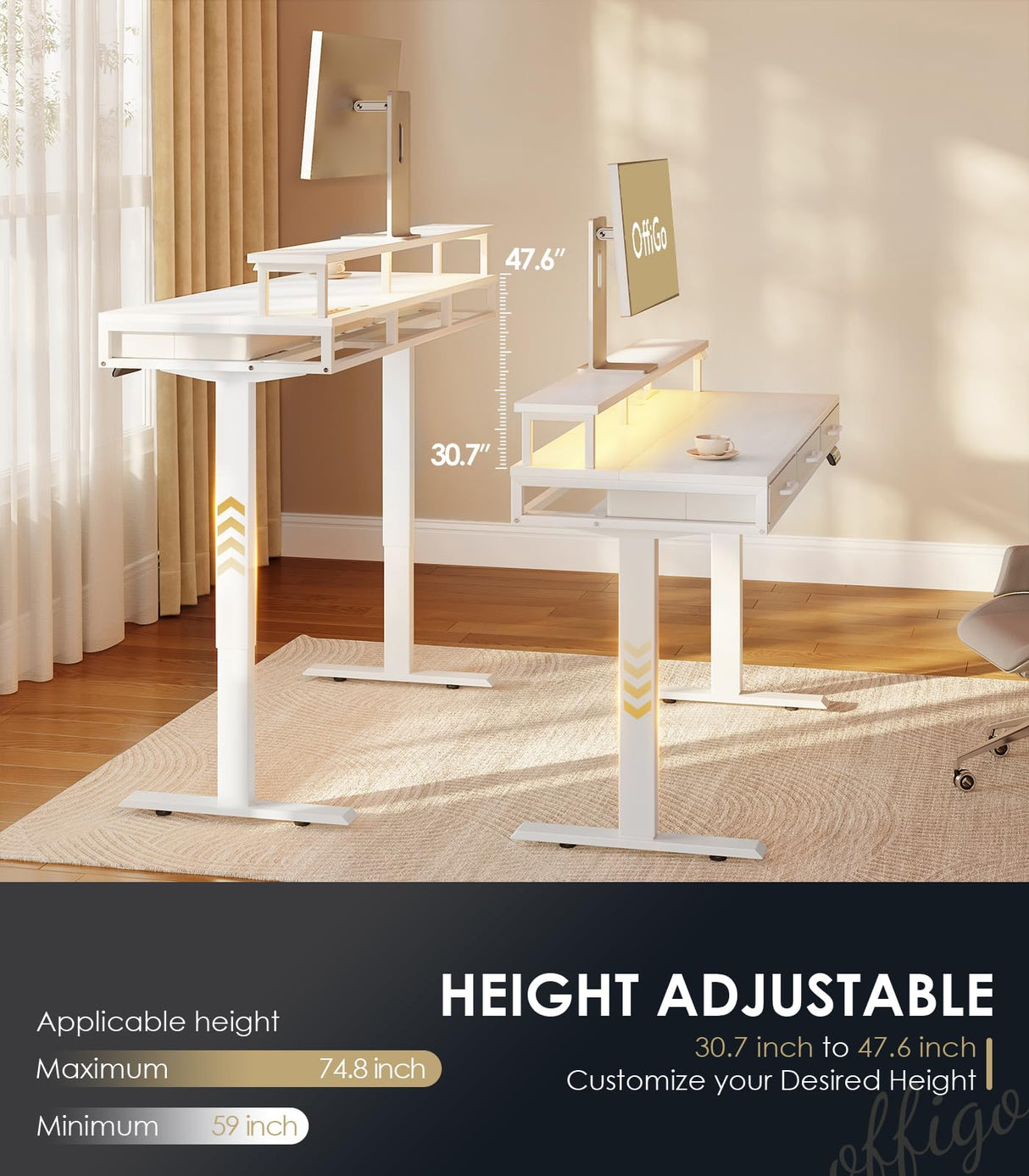 OffiGo Electric Standing Desk with Drawers, 63 Inch Height Adjustable Desk with Power Outlets & LED Lights, Sit Stand Table with Monitor Stand for Home, Office, Workstation, White OffiGo