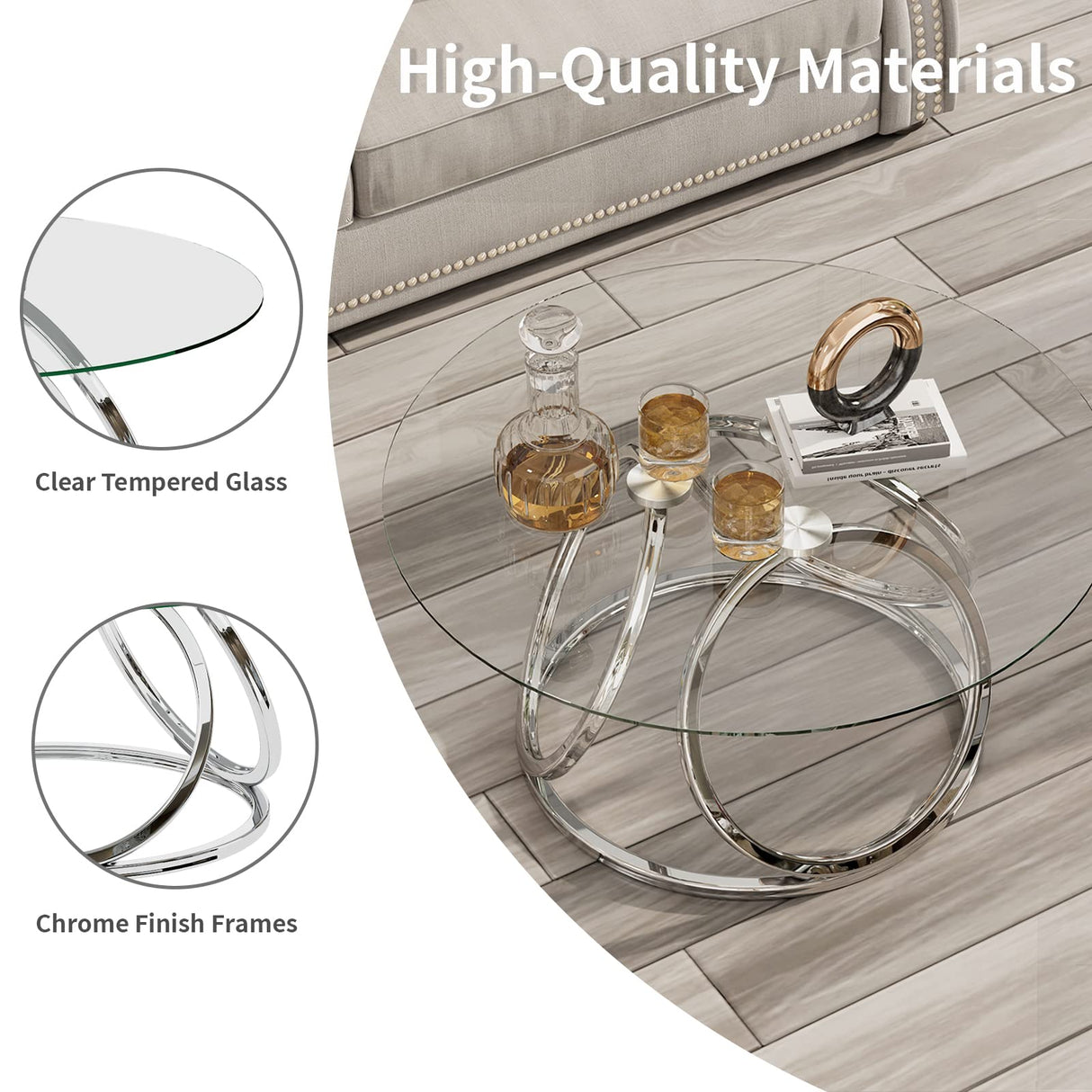O&K FURNITURE Silver Coffee Table, Modern Glass Coffee Table Living Room Table with Ring-Shaped Frames, Glass Coffee Table for Home&Office, Chrome Finish, 1 PC O&K FURNITURE