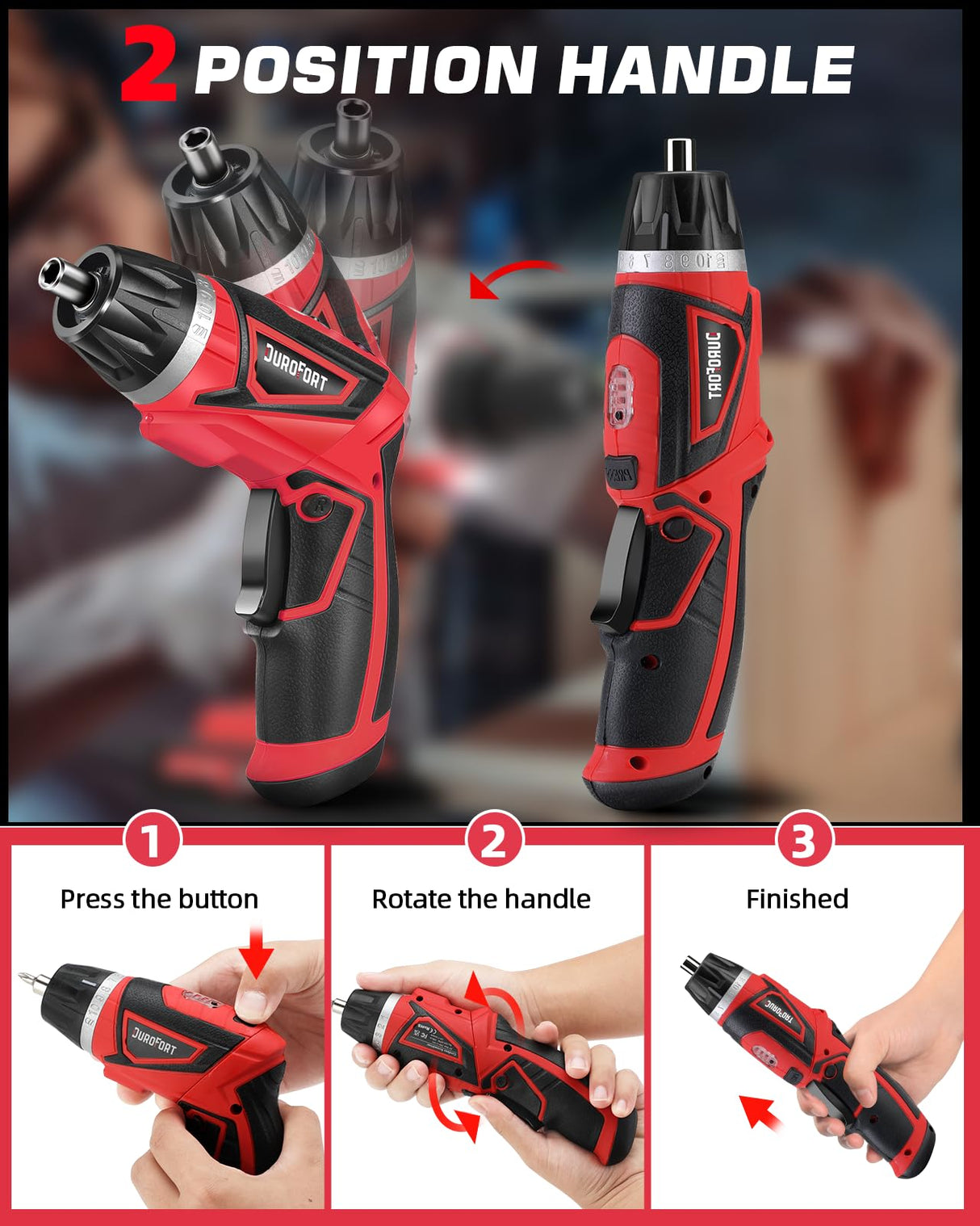 Cordless Electric Screwdriver Set, 8V Max 10Nm Rechargeable Power Electric Drill, Battery Screw Gun with 28pcs Driver Bit Set, 320RPM/10+1 Torque Setting, 2 Position Handle, Flexible Shaft LED Light DuroFort