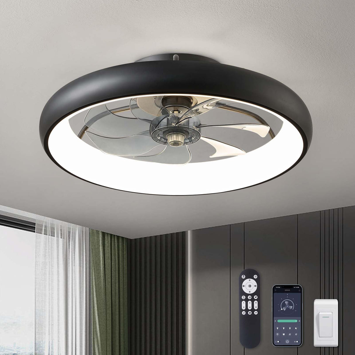 LUDOMIDE Ceiling Fans with Lights, 20" Flush Mount Ceiling Fan with Remote & APP Control, Black Low Profile Ceiling Fan with 6 Wind Speeds, Smart Dimmable LED Ceiling Fan for Bedroom, Living Room LUDOMIDE