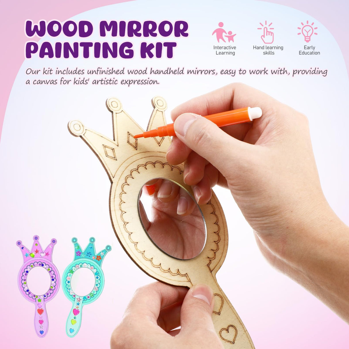 TOYANDONA 8 Pack Wooden Mirror Craft for Kids - Decorate Your Own Princess Mirror Unfinished Wood Handheld Crafts DIY Wooden to Paint for Activities Party Favors TOYANDONA