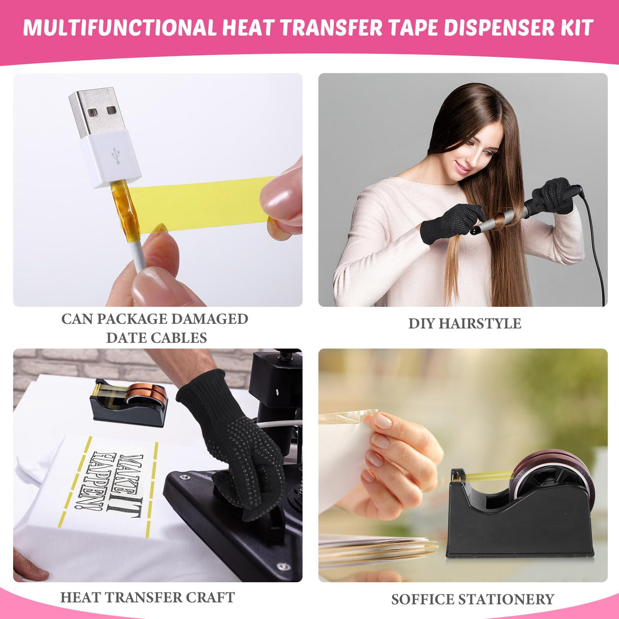 Kosiz 20 Pcs Heat Tape Dispenser Set 2 Heat Resistant Gloves with Silicone Bumps 6 Multi Size Heat Tape for Sublimation Mini Cutter Pen Set Nonskid Weighted Base Tape Holder for Heat Press (Black) Kosiz