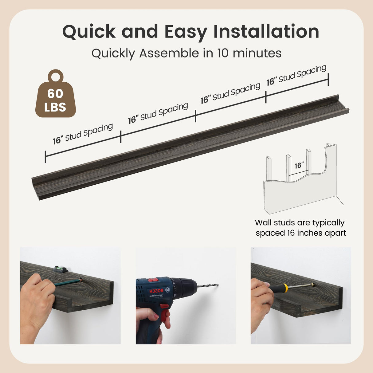 FLYJOE 72'' Floating Picture Ledge Shelf Set of 2 in Weathered Grey - Solid Pine Wood Nursery and Living Room Storage FLYJOE