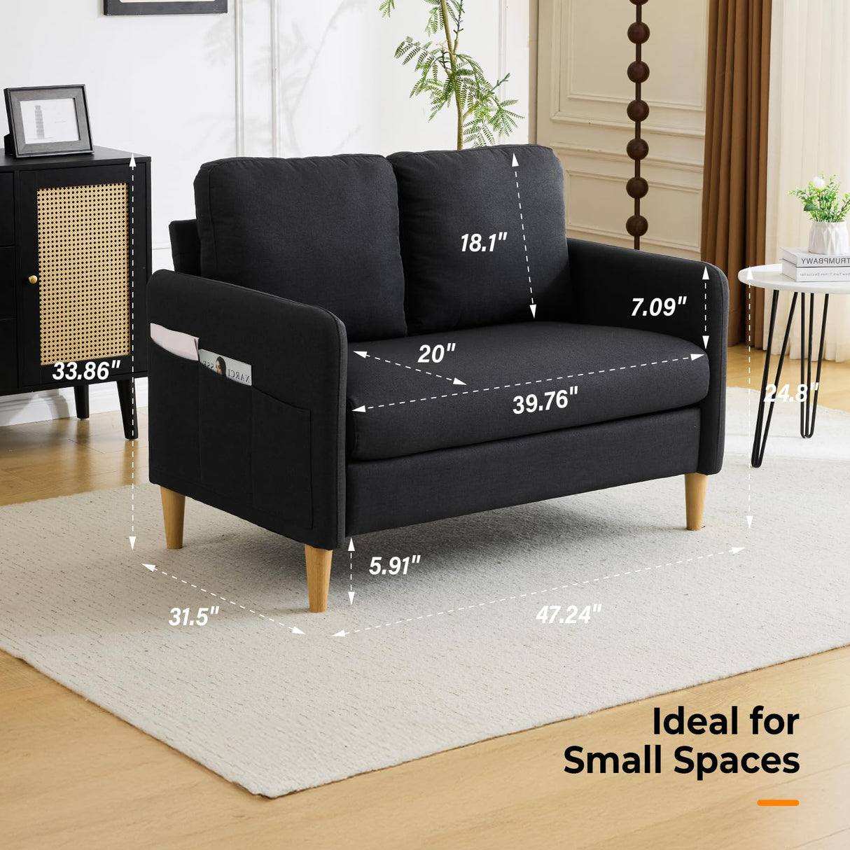 VINGLI 47" Small Couch, Linen Loveseat Sofa Black Mini Couch Mid Century Modern Decor Love Seat for Small Spaces Living Room, Bedroom, Play Room VINGLI