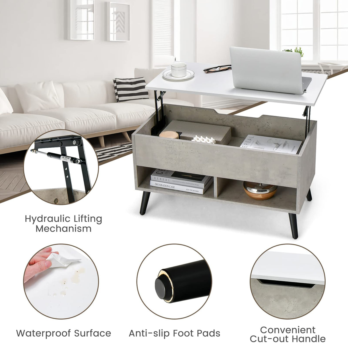 Giantex Lift Top Coffee Table, Modern Cocktail Table w/Hidden Compartment & 2 Open Shelves, Flip Top Center Table, Wooden Pull up Coffee Table for Living Room, Reception Room, Office (Grey) Giantex