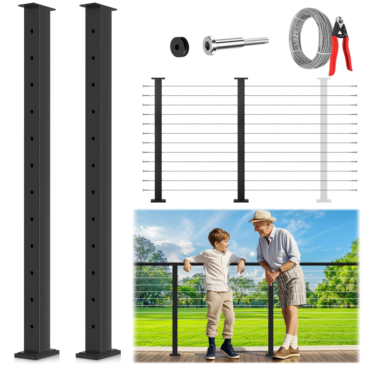 Gyykzz 2 Pack One-Stop Cable Railing Post Kits, 42" Fixed Top Level Drilled Line Post, Cable Railing System Including 2 Railing Post, 102ft Cable, 24 Terminal, 48 Cable Grommets (No Handrail) Gyykzz