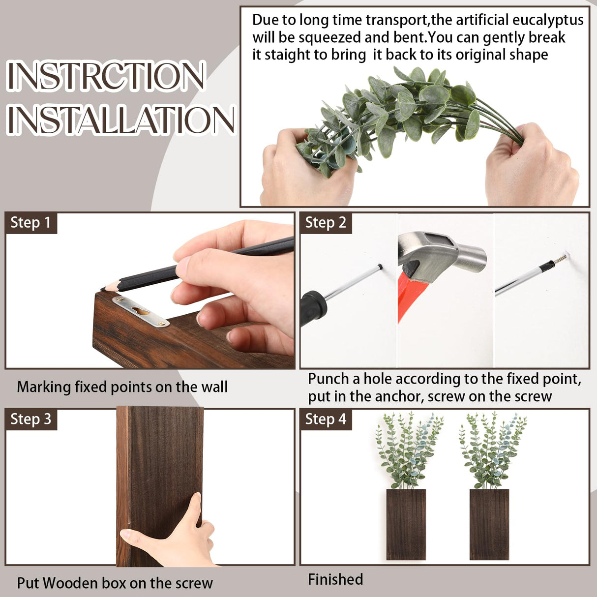 Vesici 2 Pack Wood Wall Planter Vase with Artificial Plants Indoor Plants Holder Pocket Farmhouse Wooden Vases Wall Flower Vase Hanging Plant Decor for Bedroom Kitchen Office Home (Wood,Eucalyptus) Vesici