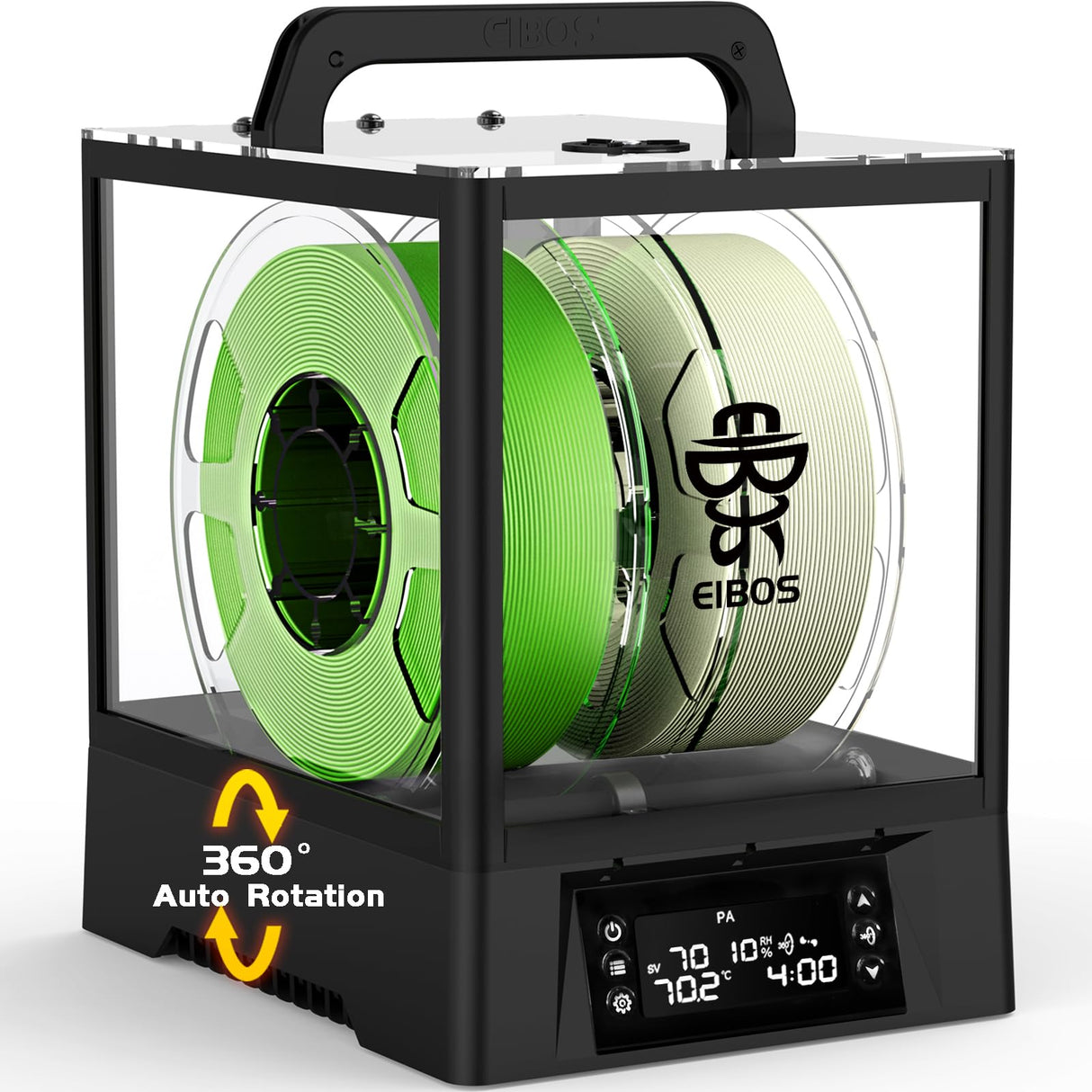 【EIBOS Official 】3D Printer Filament Dryer Box Polyphemus with Fan, Auto-Rotation, Auto-Humidity Control & Extra Large Space for 3KG Spools, 1.75mm 2.85mm 3.00mm Nylon, PLA, TPU, 360° Surround Heating EIBOS