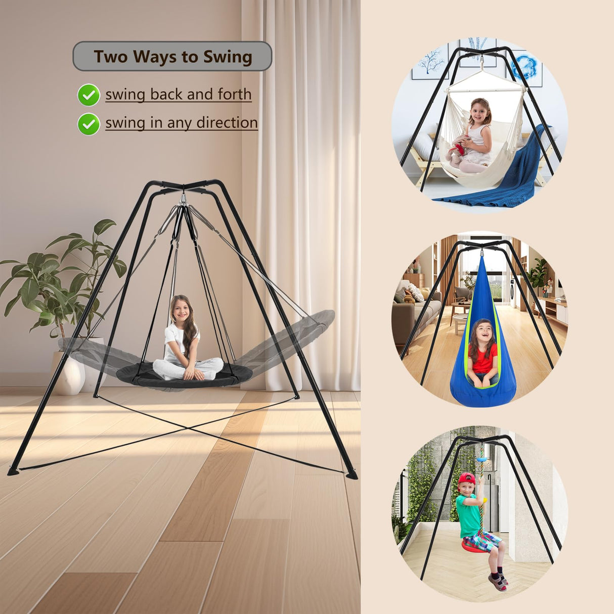 HOTJUMP Swing Stand for Kids, 330LBS Heavy Duty Metal Swing Frame for Backyard Indoor, Anti-Rust and All Weather Resistance, Saucer Swing NOT Included (BLACK) Hotjump