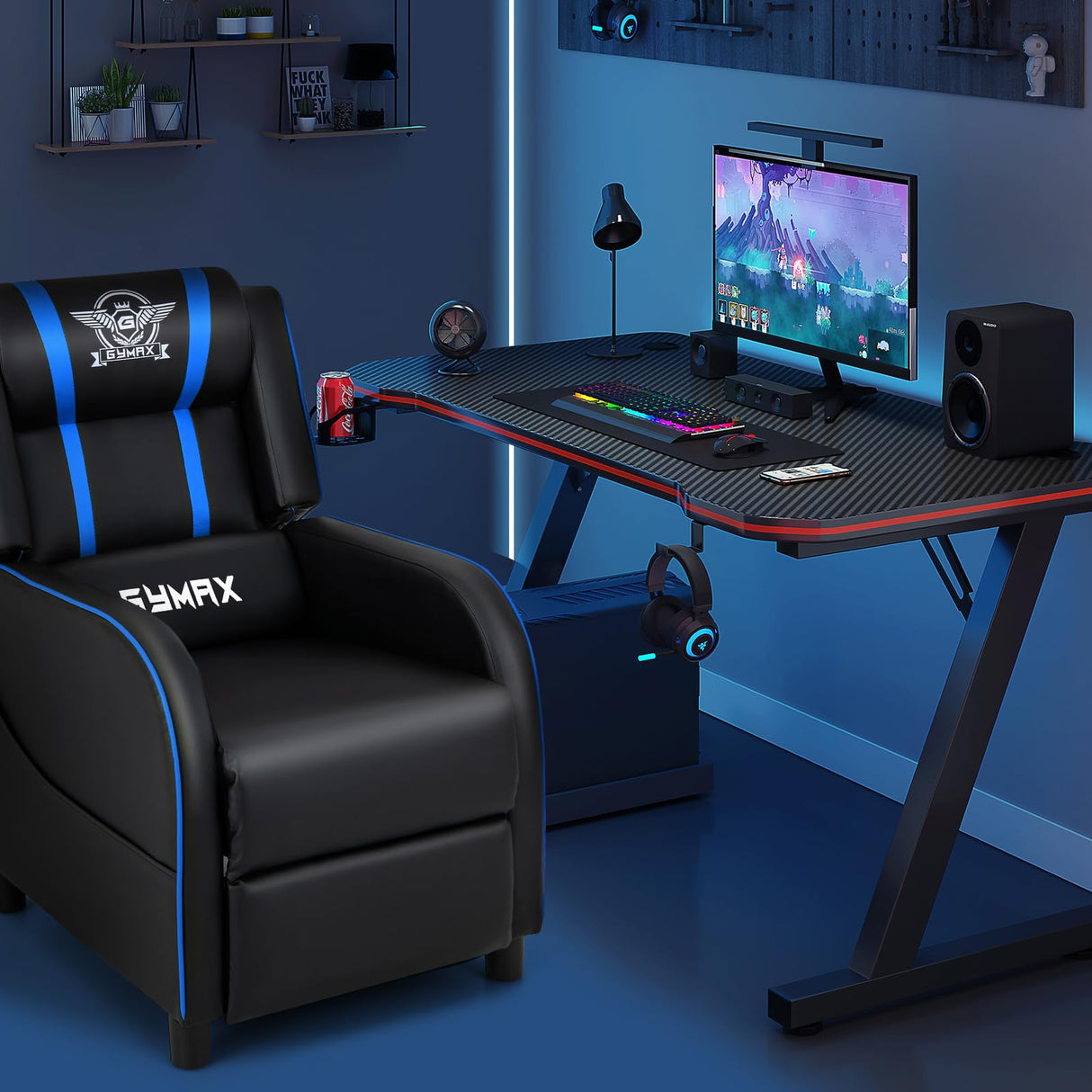 GYMAX Gaming Recliner, Massage Gaming Chair with Bluetooth Speaker, Adjustable Footrest & Lumbar Support, Single Ergonomic Gaming Sofa, Video Gaming Chair for Adults, Home Theatre (Blue) GYMAX