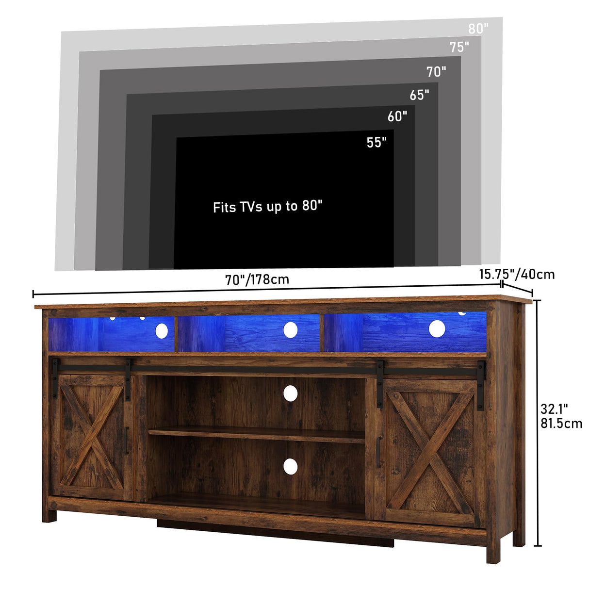 70" LED Farmhouse TV Stand for 80/75/70 Inch TVs,Tall Entertainment Center Storage Cabinets w/Power Outlets and Sliding Barn Door,Rustic TV Stands for Living Room,Media Console Cabinet (Brown) Hlivelood