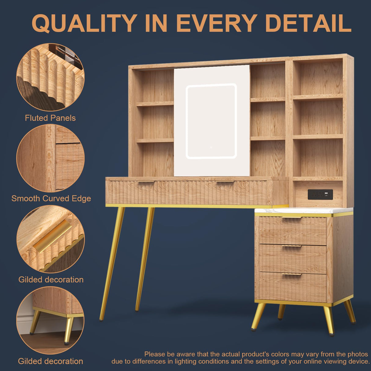HSSZXFR 48" Fluted Makeup Vanity Desk with Mirror and Lights, Rustic Vanity Table with Modern Glass Top and Charging Station, Vanity Wooden 5 Drawers and Shelves Adjustable (Wood) HSSZXFR
