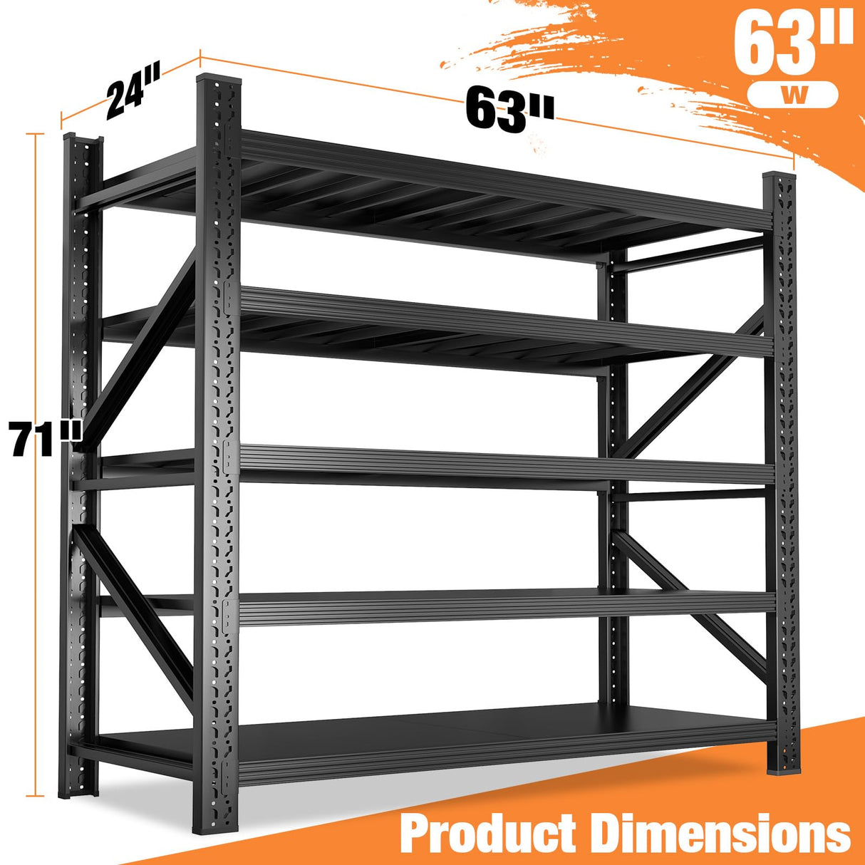 63" W Heavy Duty Garage Shelving, 6000LBS Garage Storage Shelves Industrial Shelving Unit, 5 Tier Adjustable Metal Shelving for Basement, Shop, Warehouse, 63" W x 24" D x 71" H Umeiga