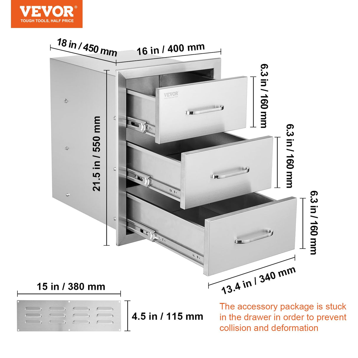 VEVOR Outdoor Kitchen Drawers 16" W x 21.5" H x 18" D, Flush Mount Triple Access BBQ Drawers with Stainless Steel Handle, BBQ Island Drawers for Outdoor Kitchens or BBQ Island Patio Grill Station VEVOR