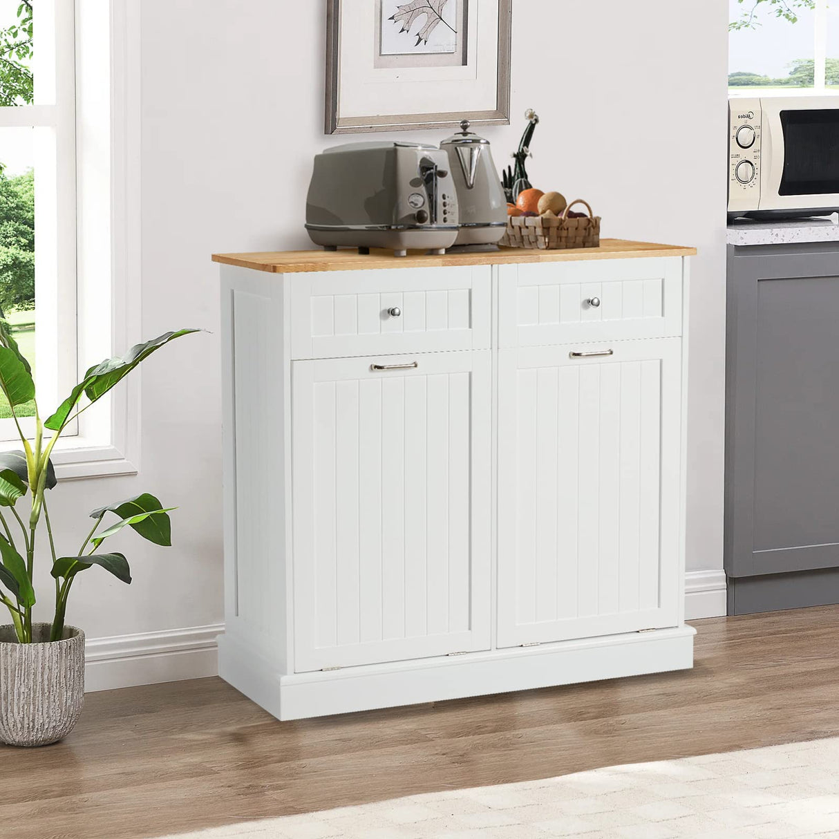GTQuality Double Tilt Out Trash Cabinet, Dual Kitchen Trash Bin Cabinet with Hideaway Drawer, Wooden Free Standing Recycling Cabinet Garbage Can Holder Pet Proof(White) GTQuality