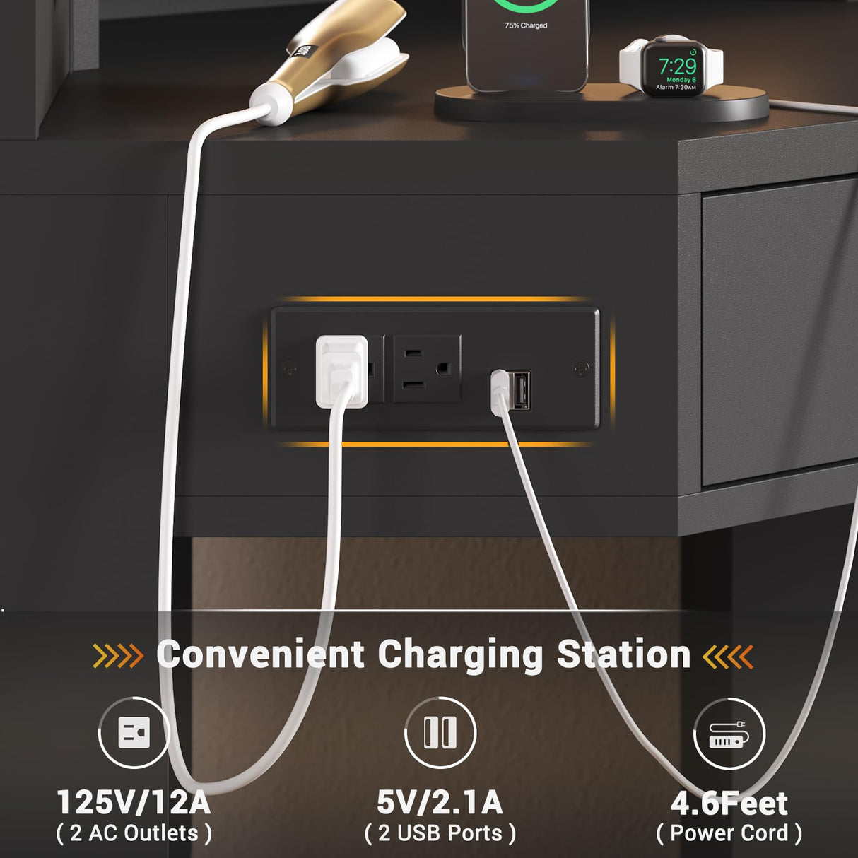 BTHFST Corner Vanity Desk with Lighted Mirror, Makeup Vanity with Lights and Charging Station, Vanity Set with Mirror and Storage Stool, Makeup Table with Drawers, Rotating Shelves, Black BTHFST