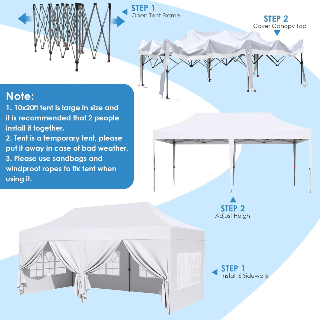 MAMIZO 10x20ft Pop up Canopy Tent w/6 Sidewalls, Heavy Duty Wedding Party Tent, Height Adjustable Large Commercial Gazebo, Instant Sun Protection Shelter W/Upgraded 3 Raised Roofs, Wheeled Bag (White) MAMIZO