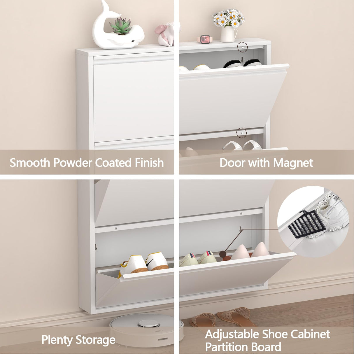 GREATMEET Shoe Cabinet Storage for Entryway, Narrow Shoe Storage Cabinet for Entryway Slim, White Metal Hidden Shoe Cabinet with 3 Flip Drawers, Wall Mounted GREATMEET