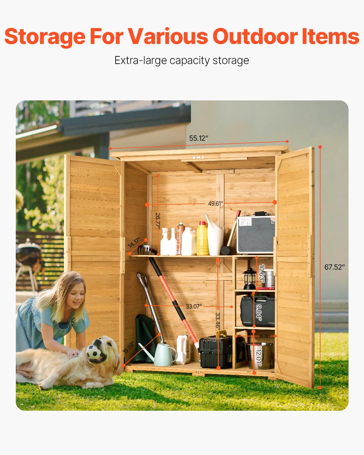 VEVOR Outdoor Storage Shed, Large Wooden Outside Storage Cabinet with Waterproof Roof and Metal Frame, Double Lockable Doors Garden Tool Shed Storage House Cabinet with Shelves, 55.1"x23.6"x67.5" VEVOR