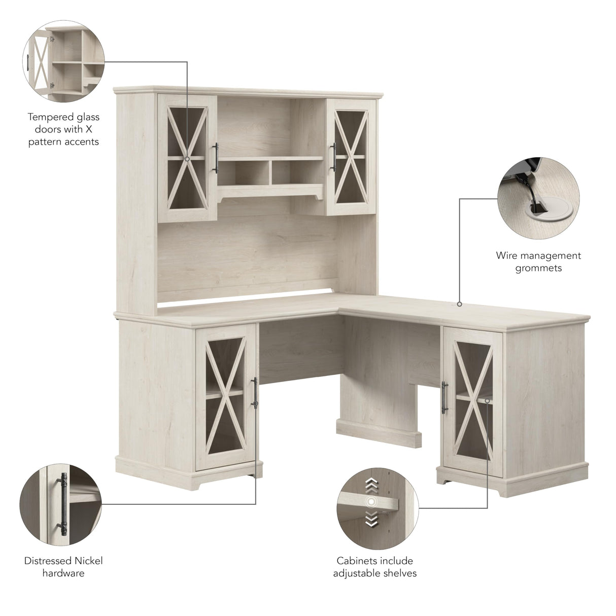 Bush Furniture Lennox 60W Farmhouse L Shaped Desk with Hutch and Storage Cabinets in Linen White Oak, Corner Computer Table for Home Office Bush Business Furniture