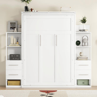 Full Murphy Bed with Storage Drawers,LED Lights and Storage Bookcase Shelves,Wood Murphy Wall Bed Cabinet for Adults