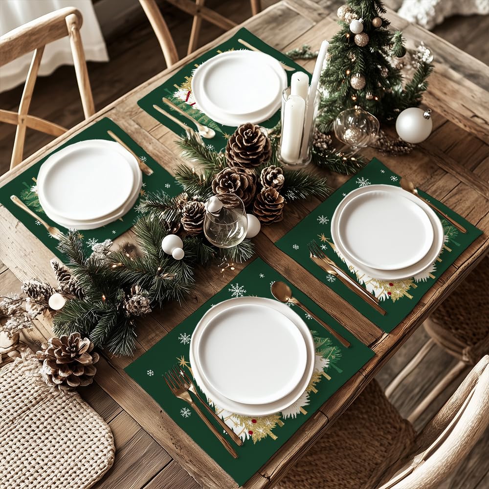 GEEORY Christmas Placemats 12x18 Inch Set of 4, Xmas Trees Snowflakes Winter Seasonal Holiday Farmhouse Kitchen Dining Table Decoration for Indoor Outdoor Dinner Party Décor (Green) GP127-18 GEEORY