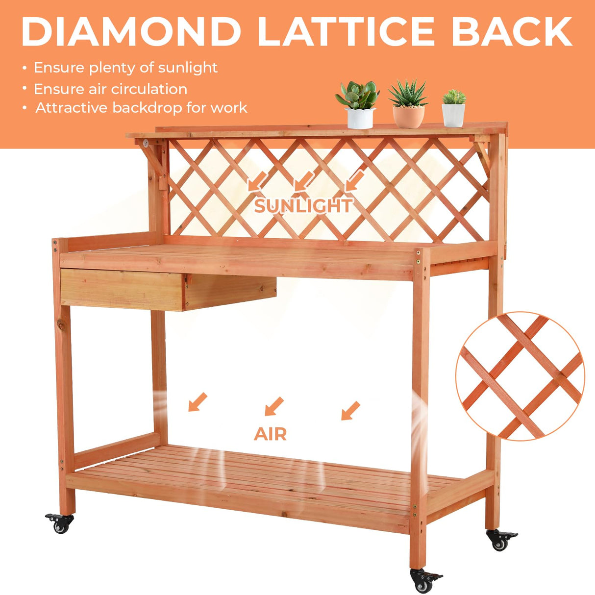 Arlopu Outdoor Potting Bench Garden Table with 4 Wheels, Wooden Planting Table Workstation w/Lattice Back, 3 Levels of Storage, Cabinet Drawer, Open Shelf, for Patio, Garden (Brown, 44.1") Arlopu