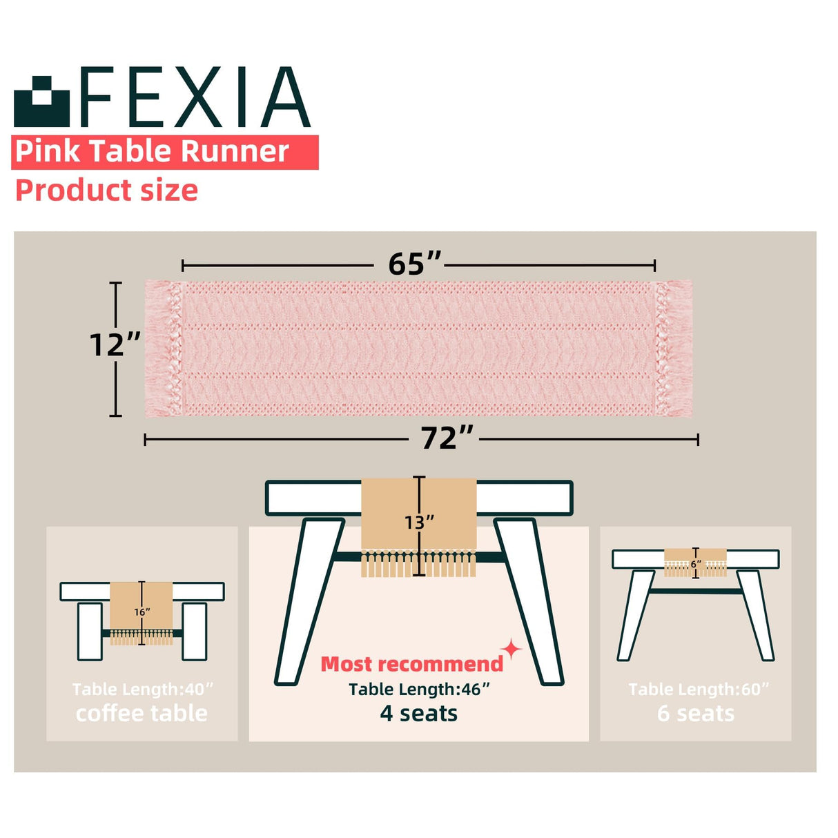 FEXIA Pink Table Runner 72 Inches Long Boho Macrame Table Runner for Summer Pink Room Decor Farmhouse Table Runner with Tassels for Dining Bedroom Decor Rustic Bridal Shower (12x72 Inches) FEXIA