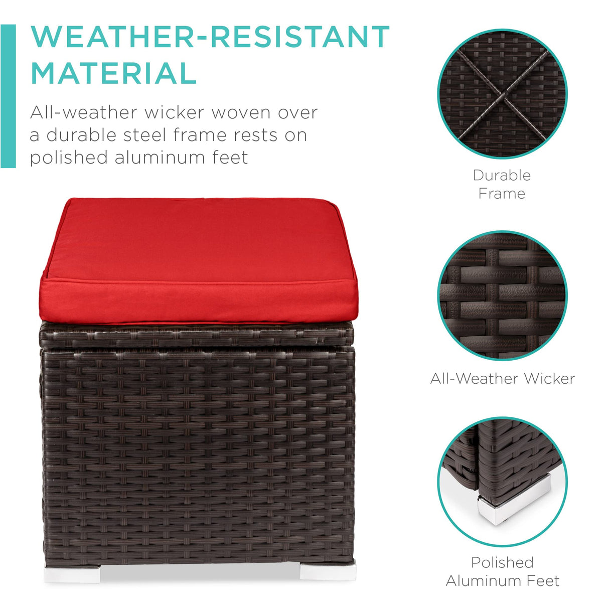 Best Choice Products Set of 2 Wicker Ottomans, Multipurpose Outdoor Furniture for Patio, Backyard, Additional Seating, Footrest, Side Table w/Storage, Removable Cushions - Red/Brown Best Choice Products