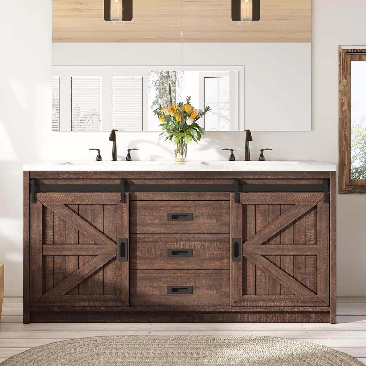 LUXOAK 60" Farmhouse Bathroom Double Vanity Sliding Barn Door with Sink Combo, Freestanding, Bathroom Vanity Cabinet with Drawers & Metal Handles, Reclaimed Barnwood LUXOAK
