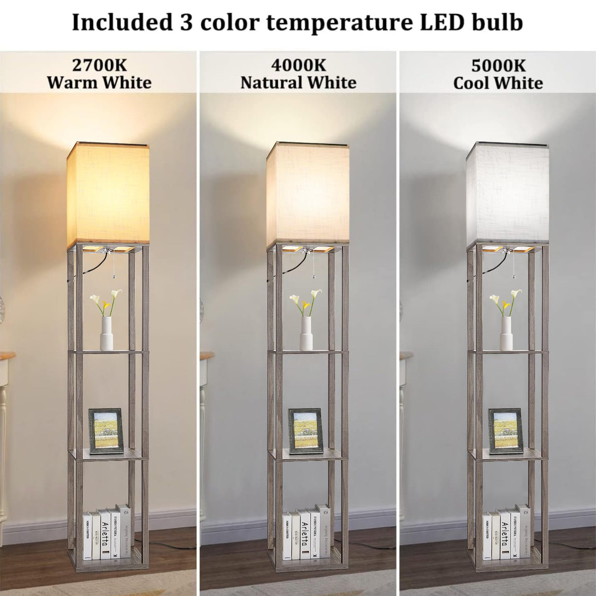 Floor Lamp with Shelves,Wood Corner Floor Lamps for living room tables with 3 CCT LED Bulb,Modern Display Bookshelf Nightstand Lamps,Column Standing Lamp for Bedroom Office Home Decor-Rustic Wood Dott Arts