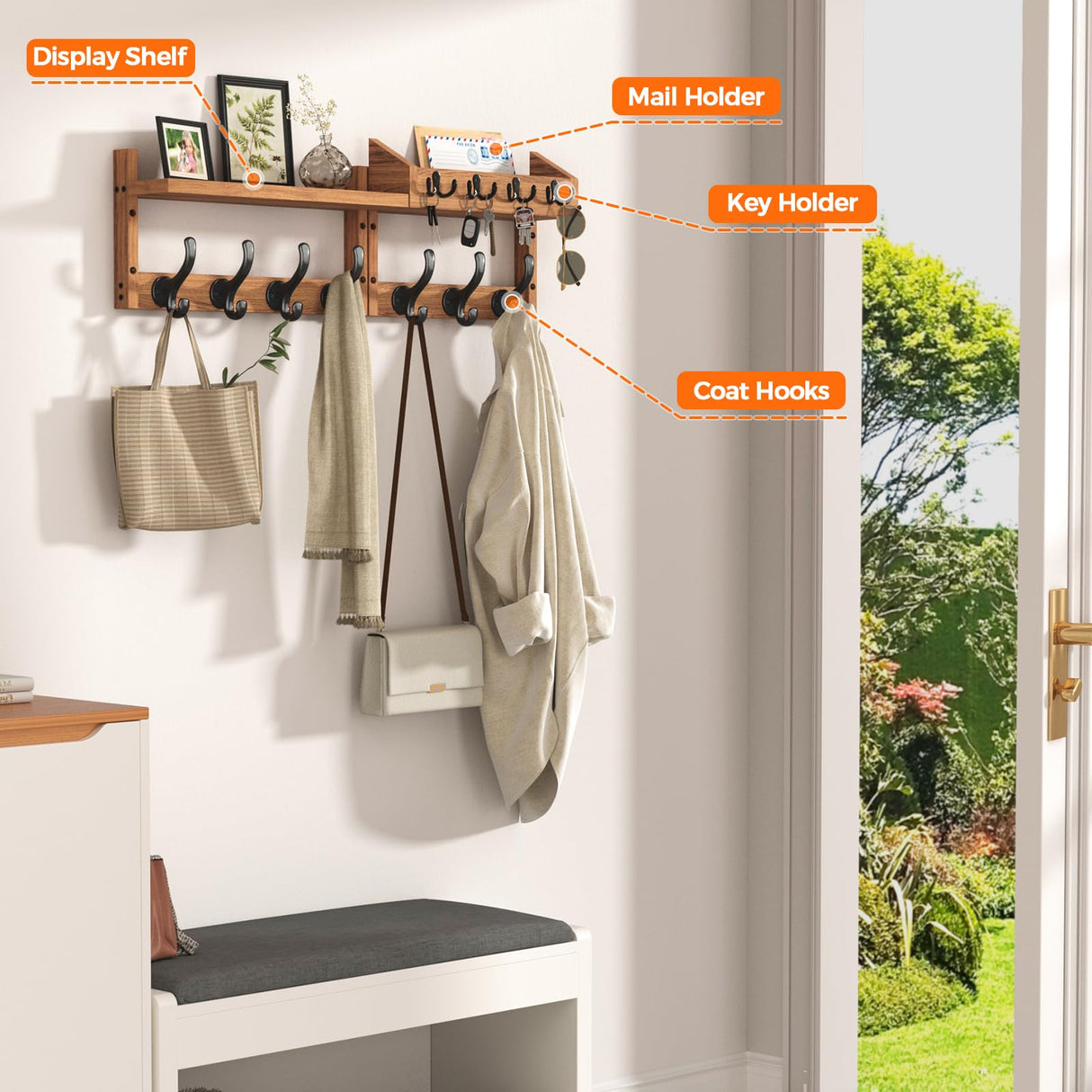 Evermagin 29" Coat Rack Wall Mount with Shelf, 4 in 1 Wall Mounted Coat and Key Hanger with 11 Hooks, Entryway Key Holder with Mail Holder for Living Room, Bedroom Evermagin