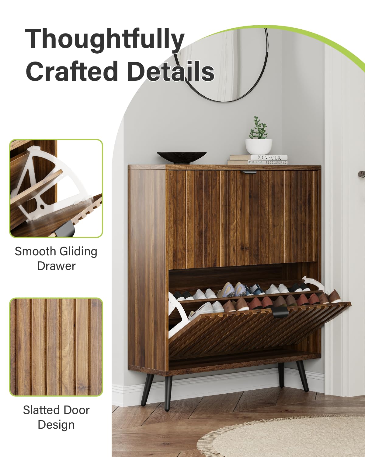 Shoe Storage Cabinet, Fluted Shoe Cabinet Storage for Entryway, Walnut Hidden Shoe Cabinet with Metal Legs,Shoe Organizer Cabinet with Flip Doors, Slim Entryway Shoe Storage Cabinet (31.5in) Smart FENDEE