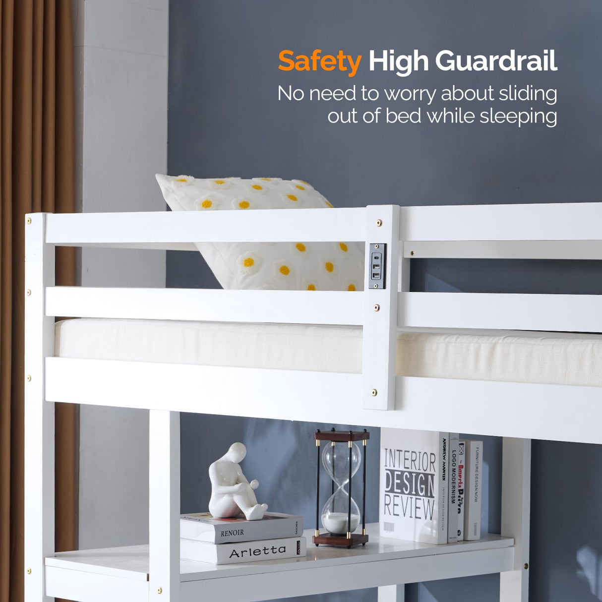 VINGLI Twin Loft Bed with L-Shaped Desk and 3 Storage Drawers, Solid Wood Single Bunk Gamer Bed with RGB LED Light Underneath,2 Charging Stations, White VINGLI