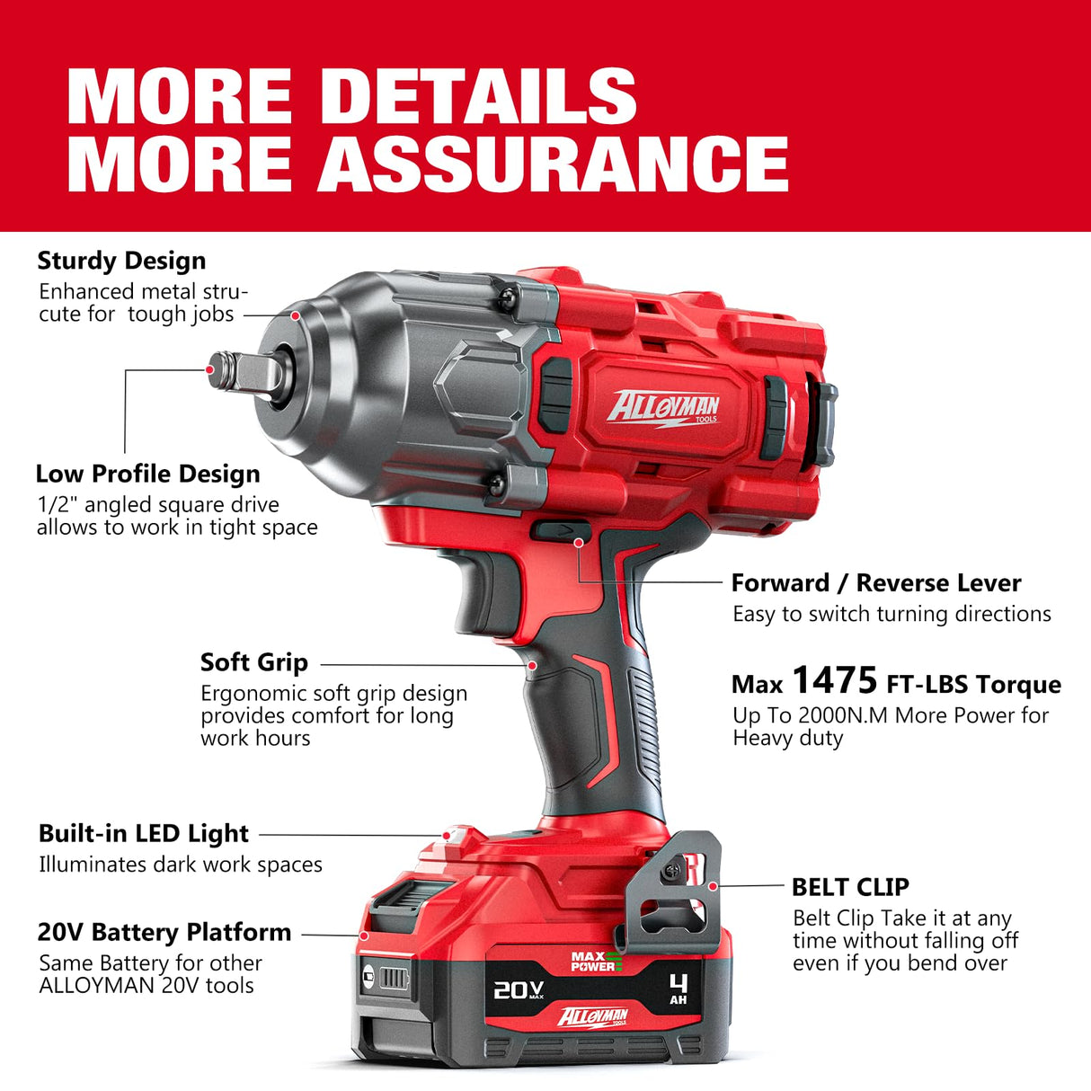 Alloyman Cordless Impact Wrench, 1475Ft-lbs (2000N.m) 1/2 High Torque Brushless Impact Gun, 20V Power Impact Driver, 4000mAh Battery,3 Sockets, Brushless Motor Variable Speeds for Car/Truck RV/Mower Alloyman