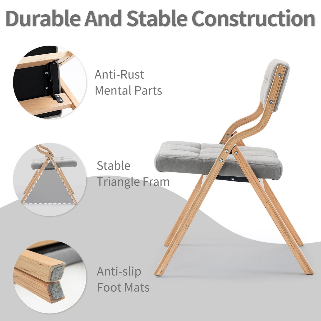 HOMEFUN Folding Chairs with Cushion, Wooden Padded Folding Chairs 2 Pack, Portable and Assembled Folding Dining Chair for Guests Kitchen Office Wedding and Party, Gray HOMEFUN