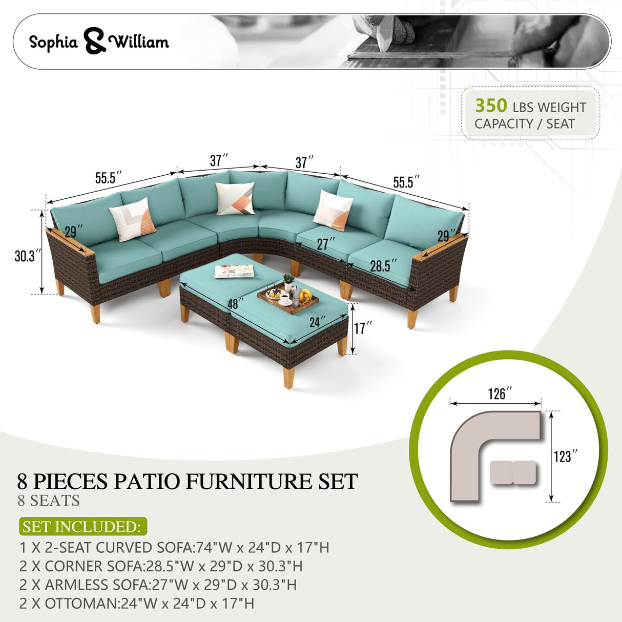 Sophia & William Outdoor Wicker Sectional Sofa Set, 8 Piece Half Moon Curved Patio Furniture Modern Round Outdoor Couch Conversation Set with Ottoman for Backyard, Pool, Garden(Aqua Blue) Sophia & William