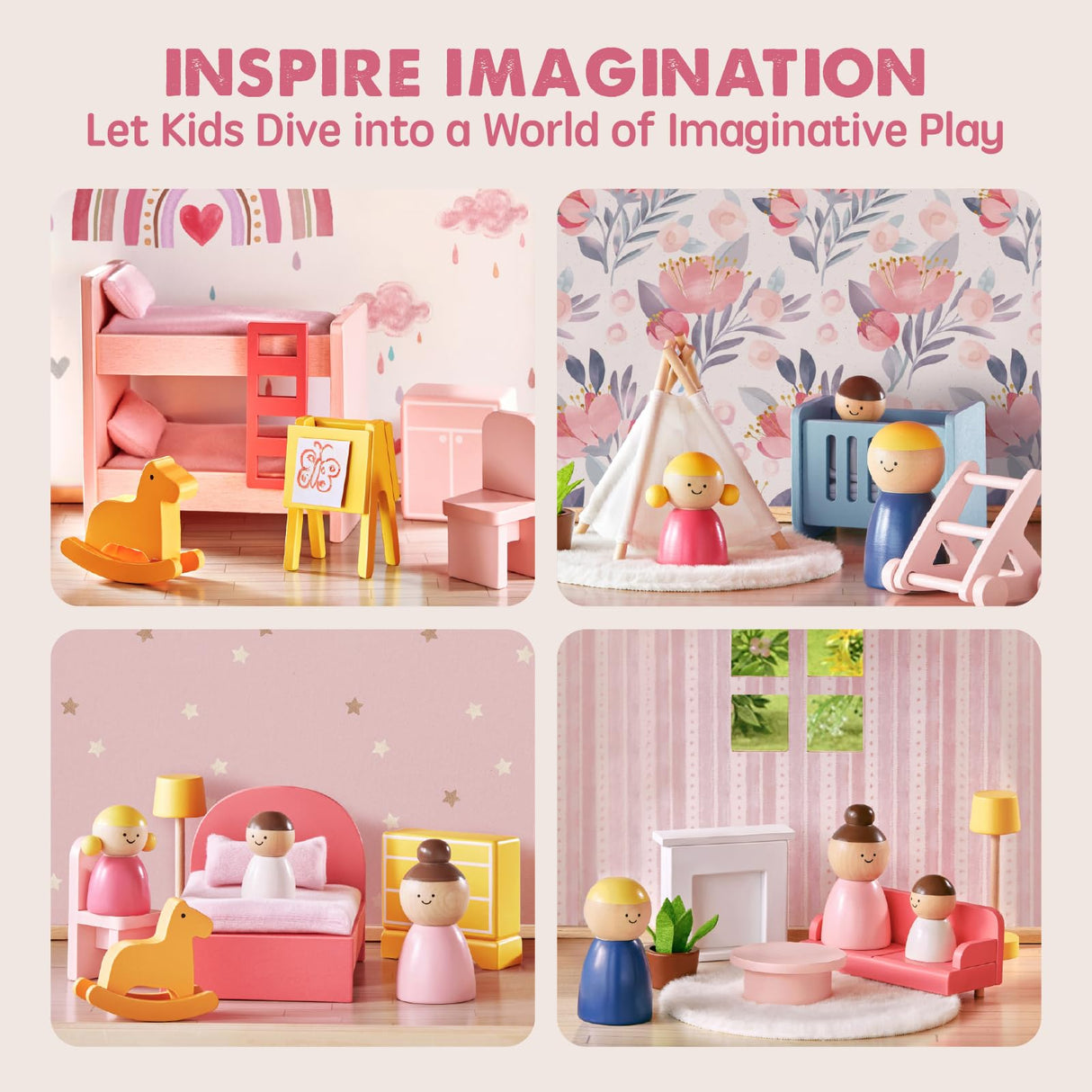 Tiny Land Wooden Dollhouse for Girls - 6 Rooms Wooden Doll House, DIY Pretend Dream House with 30Pcs Furniture Accessories, Gift for Girl Ages 3+ Tiny Land