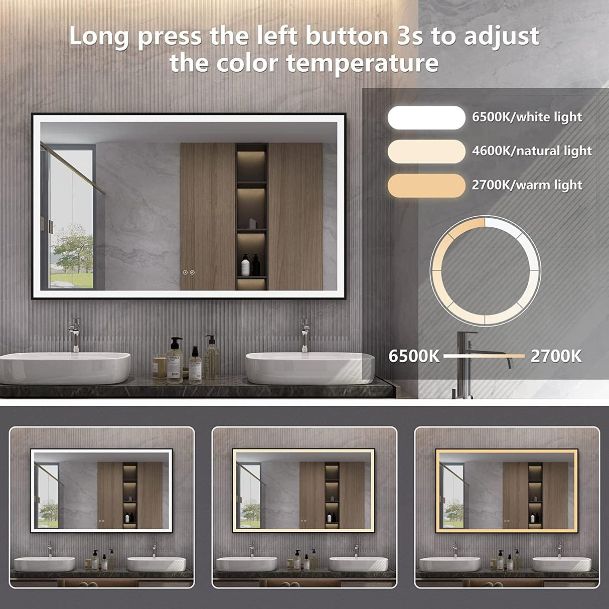 SNUGACE 24"x 40" LED Bathroom Mirror with Black Frame, Stepless Dimmable, Anti-Fog, Shatter-Proof, Memory, 3 Colors, LED Vanity Mirror SNUGACE