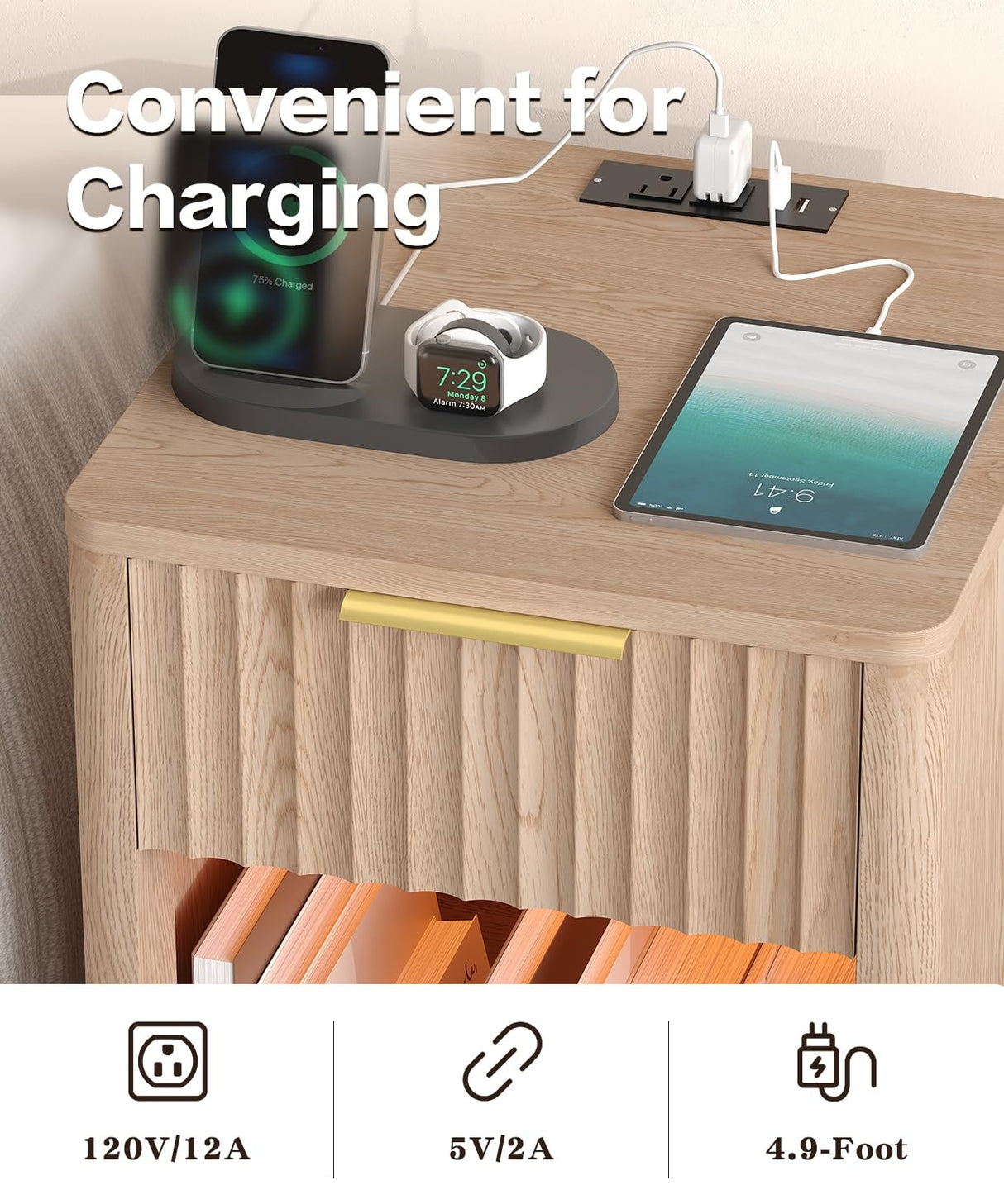 Akxomel Fluted Nightstand, Wooden Night Stand with Charging Station and LED Light, Modern Mid Century End Table with Drawer, 15" D x 15.7" W x 22.6" H, for Bedroom, Natural Oak Akxomel