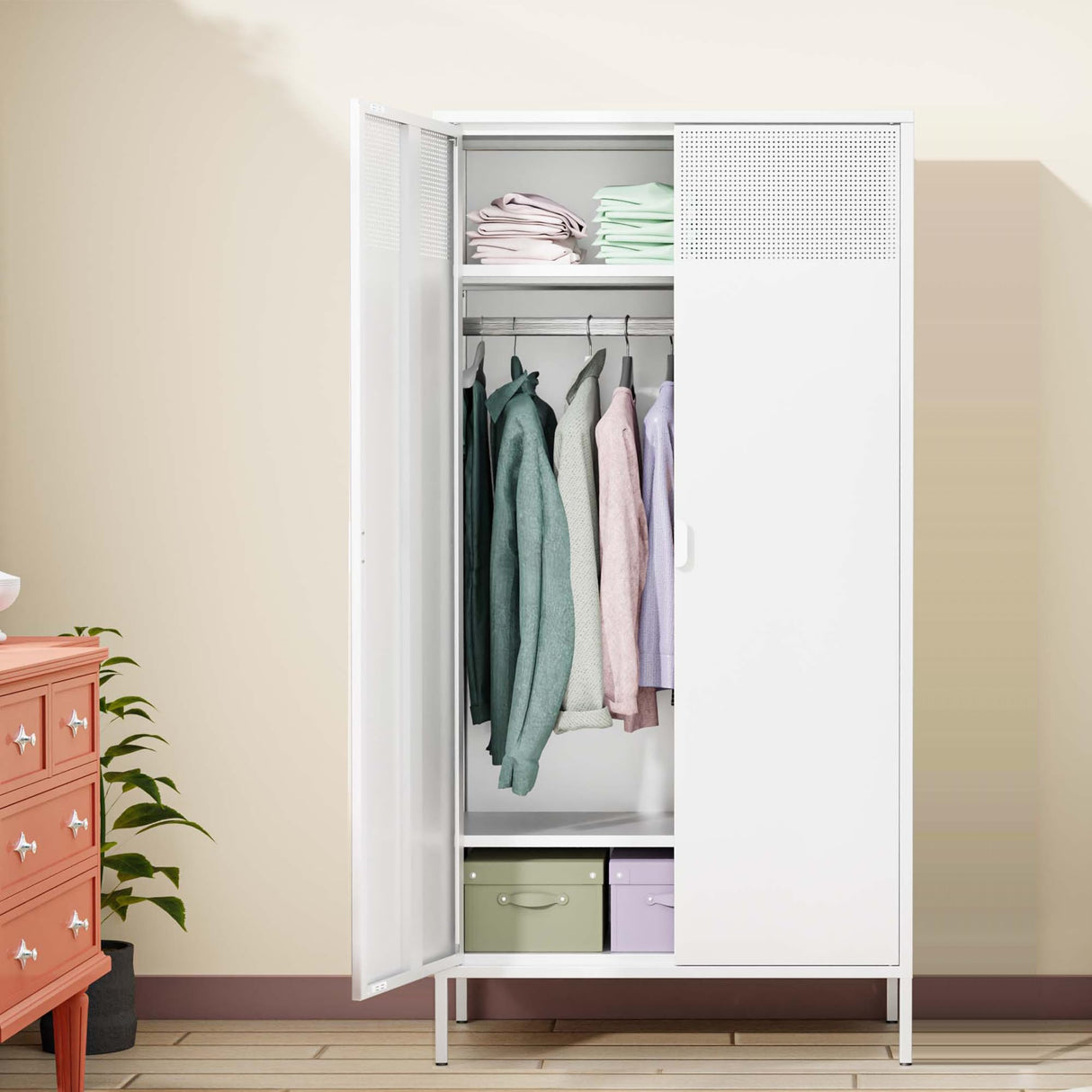 Washsemba Metal Storage Cabinets Locker with Hanging Rod and Adjustable Shelves, 71'' Clothing Steel Storage Wardrobe for Home & Office, School, Employee,Gym(White) Washsemba