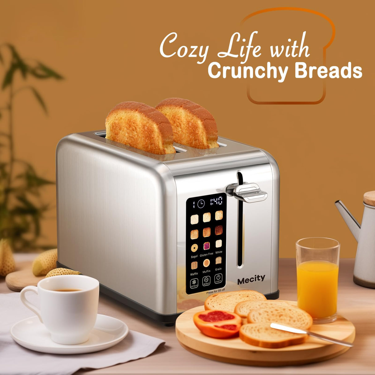 Mecity 2 Slice Toaster Touch Screen 1.5" Wide Slot, Stainless Steel Smart Bread Toaster for Bagel Muffin Waffle Gluten Free Breads, Timer, Defrost, Reheat, 120V 825W Mecity