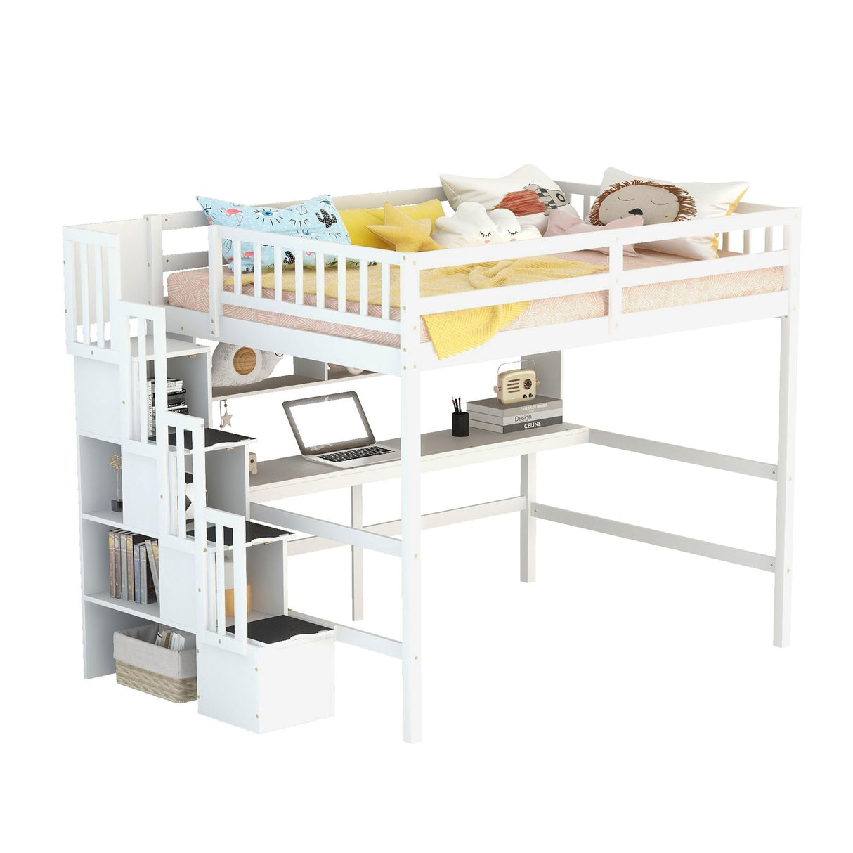 MERITLINE Luxurious Loft Bed: Full Size Loft Bed with Desk, Bookshelves and Storage Staircase, 13.8" H Safety Guard & Ladder, No Box Spring Needed, White MERITLINE